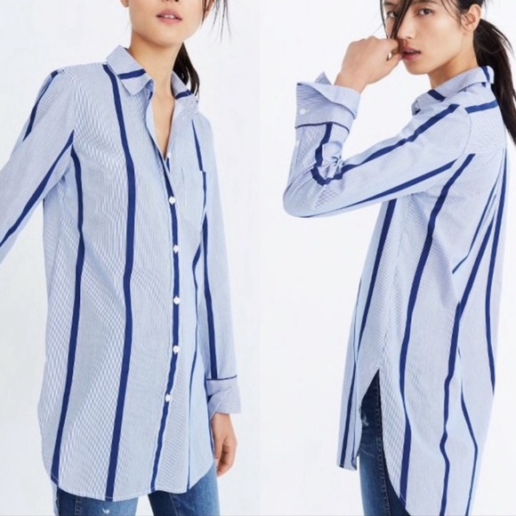 MADEWELL Striped Top Button-Down Tunic Shirt Size Small Navy Blue White - Picture 2 of 11
